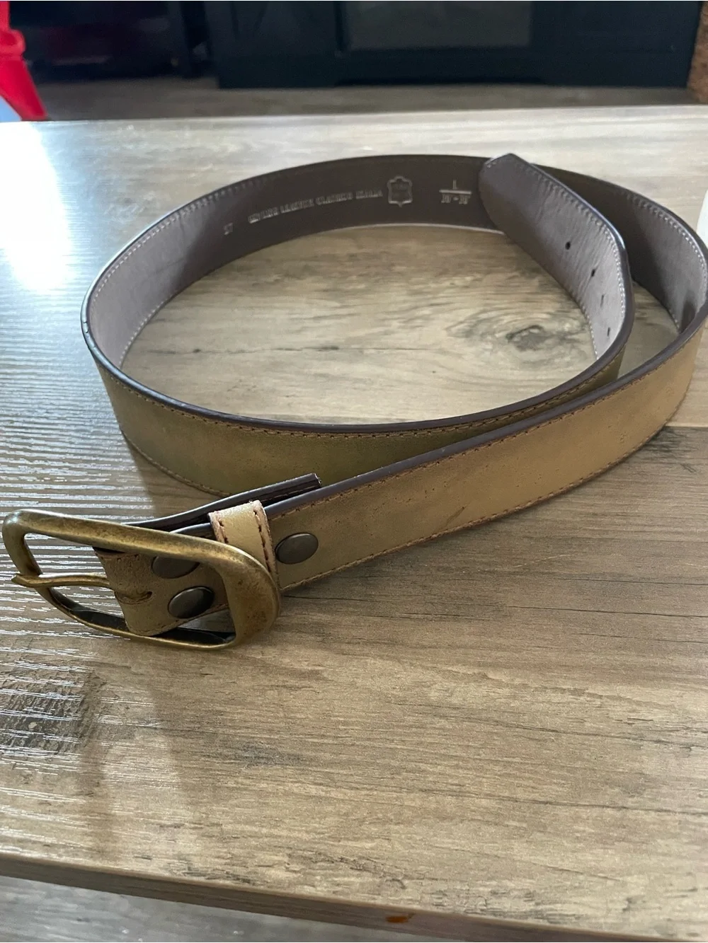 Vintage genuine classic Italian leather olive belt rectangular brass buckle Lg